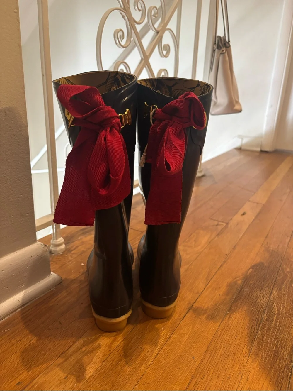 Joules Navy Tall Rain Boots with Red Bow